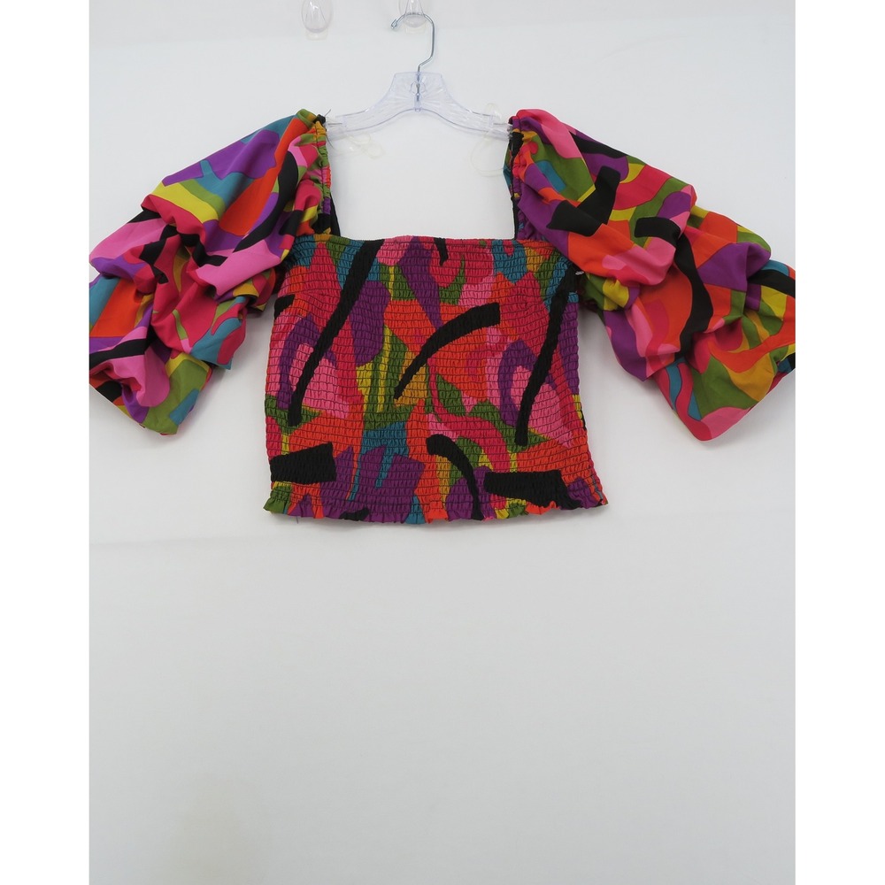 Live 4 Truth Smocked Puff Sleeve Crop Top Multi Color Abstract Print Medium - Picture 9 of 10